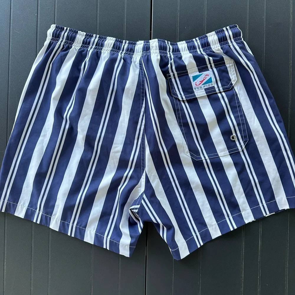 Navy & White Vertical Stripe Swim Trunks